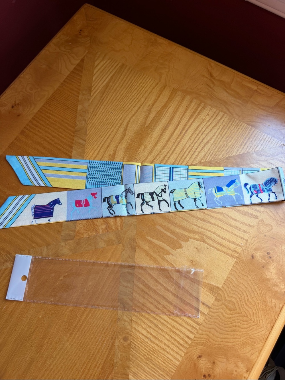 Striped twilly Horse Print Silk Scarf Belt - Yellow, Blue, Cream